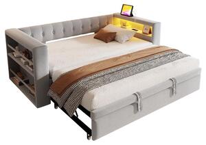 Divano letto 90/180x190 cm in grigio chiaro, con struttura imbottita, illuminazione a LED, presa di corrente e spazio contenitivo nell'bracciolo, ideale per soggiorni e camere per gli ospiti