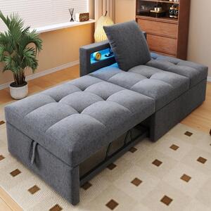 Divano letto 3 in 1, dimensioni 177x68x65 cm, con schienale regolabile in 5 posizioni, luci LED, porte USB e di tipo C, colore grigio chiaro