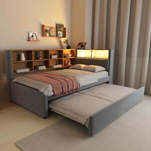 Divano letto 90x200 cm con letto estraibile 90x190 cm, illuminazione a LED, porta USB-C, presa di corrente e vani portaoggetti, rivestito in flanella color grigio scuro