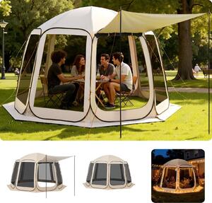 Gazebo pieghevole - Tenda da festa pop-up - Dimensioni 365,76 x 335,28 x 230 cm - Tenda da sole estensibile - Per 10-12 persone - Pareti laterali in rete - Con borsa per il trasporto - Per terrazza e esterni - Beige