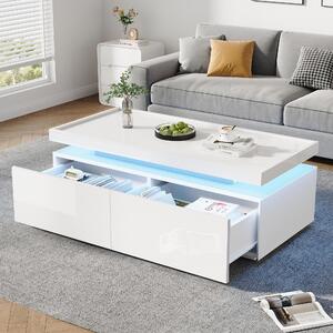 Tavolino da divano di 95 x 45 x 35 cm, realizzato in pannello di particelle rivestito in bianco con illuminazione a LED, dotato di 2 cassetti e un vano portaoggetti semiaperto, con finitura lucida
