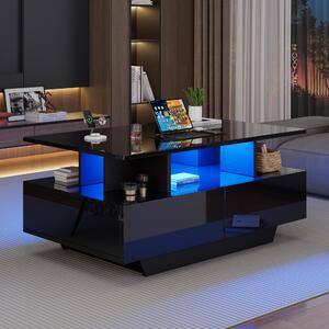 Tavolino da divano, dimensioni 90x55x41 cm, realizzato in pannelli di particelle al 100%, colore nero, con illuminazione a LED, 2 cassetti e superficie lucida
