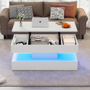 Tavolino da caffè, dimensioni 100 x 50 x 42 cm, realizzato in pannello di particelle di legno al 100%, colore bianco, tavolino con altezza regolabile, illuminazione a LED e spazio contenitivo nascosto