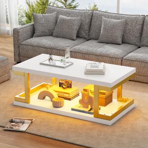 Tavolino rettangolare con illuminazione LED, dimensioni 100 x 50 x 37,5 cm, realizzato in MDF al 100%, metallo, colore bianco e oro, con vano aperto e illuminazione a LED
