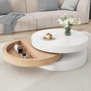 Tavolino da caffè, dimensioni 60 x 60 x 35,1 cm, realizzato in MDF al 100%, con impiallacciatura in legno di salice, colore bianco e finitura che esalta il colore naturale del legno. Ruota a 360° e dispone di un vano contenitore nascosto