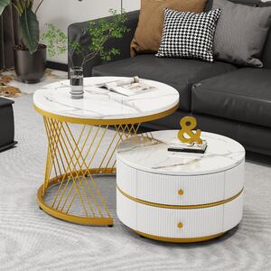 Tavolino da salotto componibile, composto da due elementi: uno di dimensioni 60x60x46 cm e uno di 50x50x30,8 cm. Realizzato in MDF al 100%, con finitura bianca e forma rotonda a nido d'ape, dotato di 2 cassetti