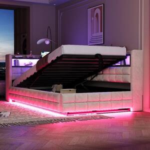 Divano letto 90x200 cm con vano contenitore a pistone idraulico, mensole in legno, striscia LED, presa di corrente, porte USB e di tipo C, rivestito in velluto color beige