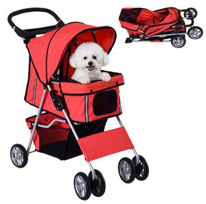 PawHut Passeggino per Cani Pieghevole in Tessuto, Carrozzina per Cani 10kg con Ruote, Cestino e Portabicchieri, 75x45x97cm, Rosso | Aosom Italy