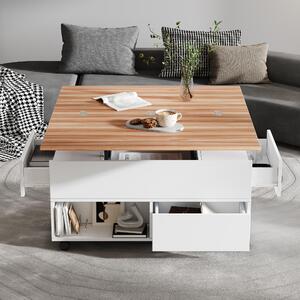 Tavolino da divano, dimensioni 100 x 50 x 52 cm, realizzato al 100% in pannello di truciolato, colore bianco e legno, con altezza regolabile, spazio contenitivo e 4 cassetti