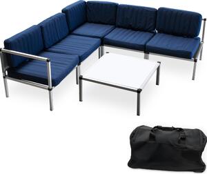 Set di sedute in alluminio ad allestimento variabile trasportabile con carrello - 6 pezzi - Set lounge da 5 sedute + 1 tavolo con cuscini gonfiabili in blu