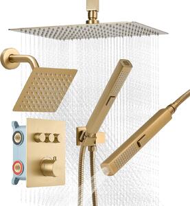Set doccia a pioggia - Sistema doccia a parete - Soffione da 30 cm - Soffione a parete da 15 cm - Doccetta 2 in 1 - Orientabile - 3 tipi di getto - Valvola e rivestimento in ottone - Oro spazzolato