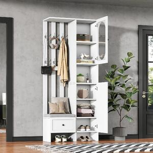 Okwish Armadio Corridoio compatto con 2 armadi, armadio portaoggetti, armadio da ingresso in vetro temperato, set da corridoio con panca e imbottitura, bianco