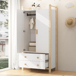 Okwish Armadio a due ante, armadio in truciolato, armadio con asta appendiabiti, armadio da ingresso con 2 cassetti, Bianco