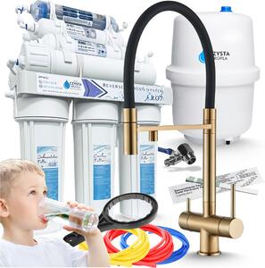 Rubinetto da cucina a 3 vie Ari HighFlex, miscelatore lavello cucina con doccetta estraibile, girevole, ottone, oro spazzolato