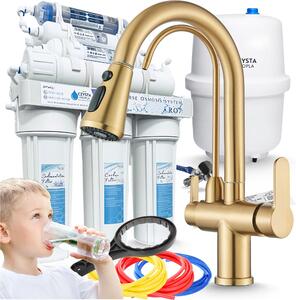 Rubinetto da cucina a 3 vie Ari Nordic, miscelatore con doccetta estraibile, doppia bocca per filtro acqua, ottone spazzolato oro