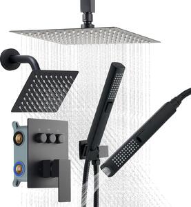 Set doccia a pioggia - Sistema doccia - Soffione da soffitto 25 cm - Soffione a parete 15 cm - Doccetta 2 in 1 - Doppio soffione a pioggia orientabile (3 funzioni) - Valvola e rosetta in ottone - Nero opaco