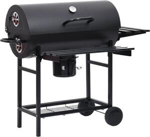 Barbecue a Barile con Ruote e Ripiani Acciaio Nero 115x85x95 cm