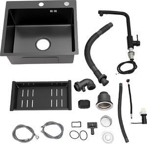 Lavello da cucina, struttura in acciaio inox, compreso rubinetto estraibile, nero