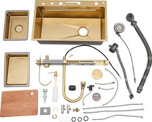 Lavello da cucina, design multifunzionale, rubinetto integrato, oro