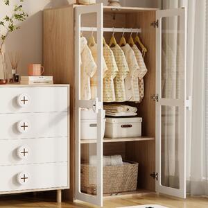 Okwish Armadio per bambini a due ante in vetro con barra appendiabiti, armadio per cameretta con maniglie in legno a forma di biscotto e ripiani scorrevoli, bianco + legno naturale