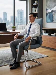 Poltrona da ufficio ergonomica, rivestita in pelle blu e con struttura in alluminio
