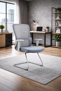 Sedia da ufficio grigia, dal design ergonomico, con schienale a rete e struttura cromata