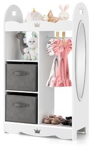 Costway Armadio con specchio e appendiabiti per bambini, Mobile organizer giocattoli e vestiti con 2 cesti Bianco