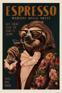 Illustrazione Art Deco Espresso Martini Drinking Sloth, The Whiskey Ginger