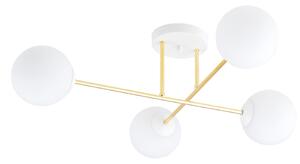Plafoniera Moderna Magnium 4 Luci In Acciao Oro E Sfere In Vetro Bianco