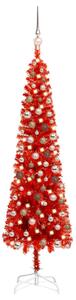 Albero di Natale Sottile Preilluminato con Palline Rosso 150 cm