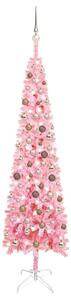 Albero di Natale Sottile Preiluminato con Palline Rosa 210 cm