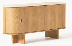 Credenza in legno con angoli arrotondati e piano in travertino Zumi