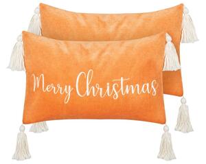 Set di 2 cuscini decorativi in cotone velluto con motivo natalizio e nappe arancione 30 x 50 cm soggiorno camera da letto Beliani