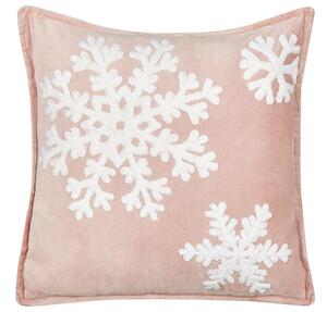 Cuscino decorativo in cotone velluto con motivo natalizio fiocco di neve rosa e bianco 45 x 45 cm soggiorno camera da letto Beliani