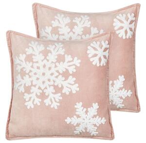 Set di 2 cuscini decorativi in cotone velluto con motivo natalizio fiocco di neve rosa e bianco 45 x 45 cm soggiorno camera da letto Beliani