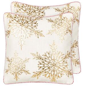 Set di 2 cuscini decorativi in cotone bianco oro 45 x 45 cm Motivo natalizio Stampa fiocco di neve Accessori Decorazione festiva Beliani