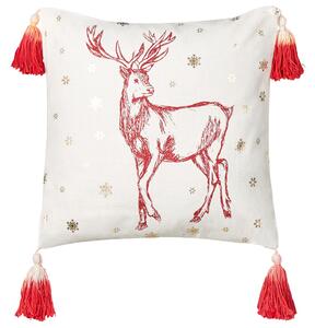 Set di 2 cuscini decorativi in cotone bianco rosso 45 x 45 cm Motivo natalizio Stampa renne Nappe Accessori Decorazione festiva Beliani