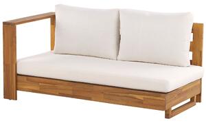 Divano angolare a 5 posti in legno di acacia chiaro cuscini bianchi e tavolino da esterno destro Beliani
