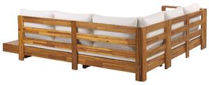 Divano angolare a 5 posti in legno di acacia chiaro cuscini bianchi e tavolino da esterno destro Beliani