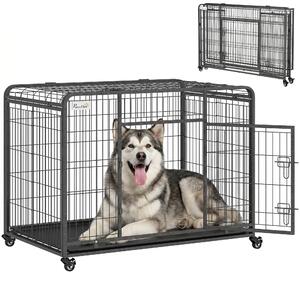 PawHut Kennel Gabbia per Cani Pieghevole Doppia Porta con Blocco 4 Ruote con Freno e Fondo Rimovibile, 125x76x81cm|Aosom