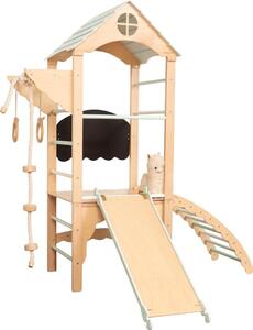 Torre di arrampicata per bambini in legno | torre da gioco con scivolo, anelli ginnici e corda | torre da gioco per interni in faggio e betulla certificata CE