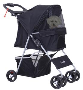 PawHut Passeggino pieghevole per Cani con finestre a rete, portabicchieri e Cestino, Carrello per Animali Domestici, 77x47x101cm, Nero | Aosom Italy