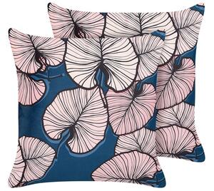Set di 2 cuscini decorativi velluto blu rosa 45 x 45 cm stampa foglia accessori decoro glamour Beliani