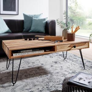 FineBuy Tavolino da caffè in legno massiccio di acacia 110 cm - Tavolo industriale da salotto rettangolare con gambe a forcina, 2 cassetti e vani portaoggetti - Fatto a mano