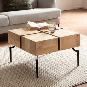 FineBuy tavolino in legno massello naturale di acacia quadrato 60x60 cm - tavolo moderno da soggiorno 4 blocchi - tavolo di design con gambe in metallo in stile industriale