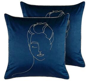 Set di 2 cuscini decorativi in velluto blu e oro 45 x 45 cm motivo viso glamour accessori decorativi Beliani