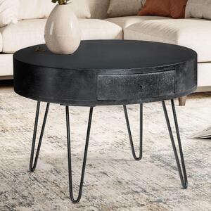 FineBuy tavolino da caffè in legno massiccio di mango nero rotondo Ø 60 cm - tavolino da salotto con cassetto e gambe a forcina | tavolino in legno dal design retrò fatto a mano