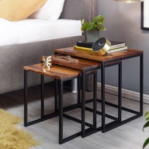 FineBuy Tavolino set di 3 tavolini in legno massiccio sheesham / metallo tavolino quadrato moderno tavolino da salotto 3 pezzi tavolo salvaspazio in legno