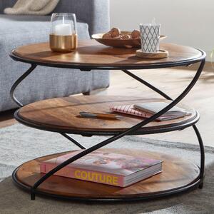 FineBuy Tavolino da caffè rotondo in legno massiccio di Sheesham Ø58 cm con 3 ripiani Tavolo da salotto fatto a mano in legno e metallo Tavolino in stile industriale