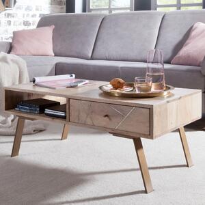 FineBuy Tavolino in legno massiccio di mango rettangolare 95cm - Tavolino da salotto con cassetto e ripiano - Stile country con gambe in metallo dal design retrò